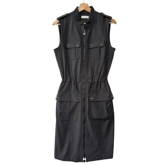 Calvin Klein Gray Front Zip Dress Cargo‎ Safari Drawstring Cinched Utility 10 - Picture 1 of 12